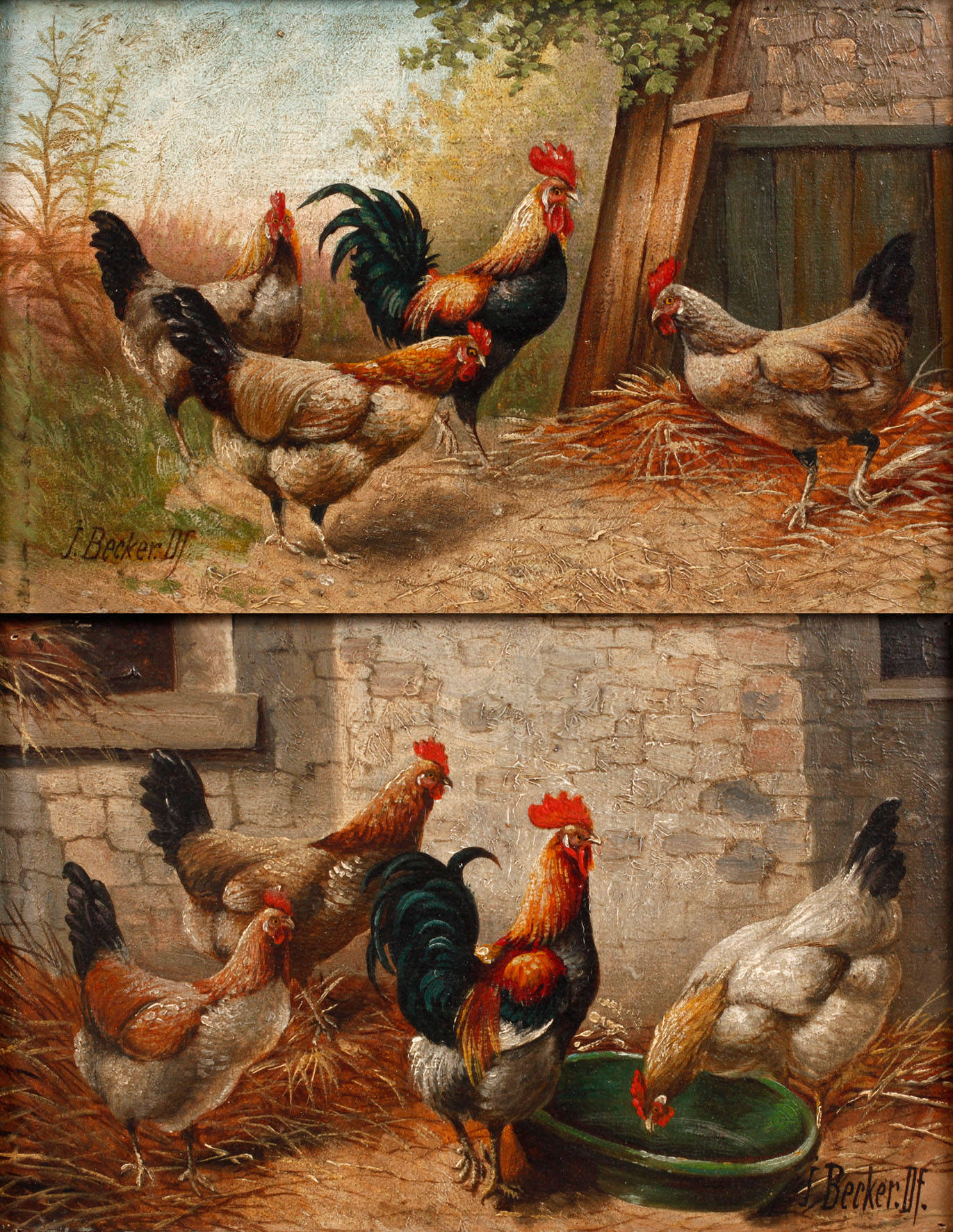 J. Becker, Zwei Pendants Hühnerhofdarstellungen