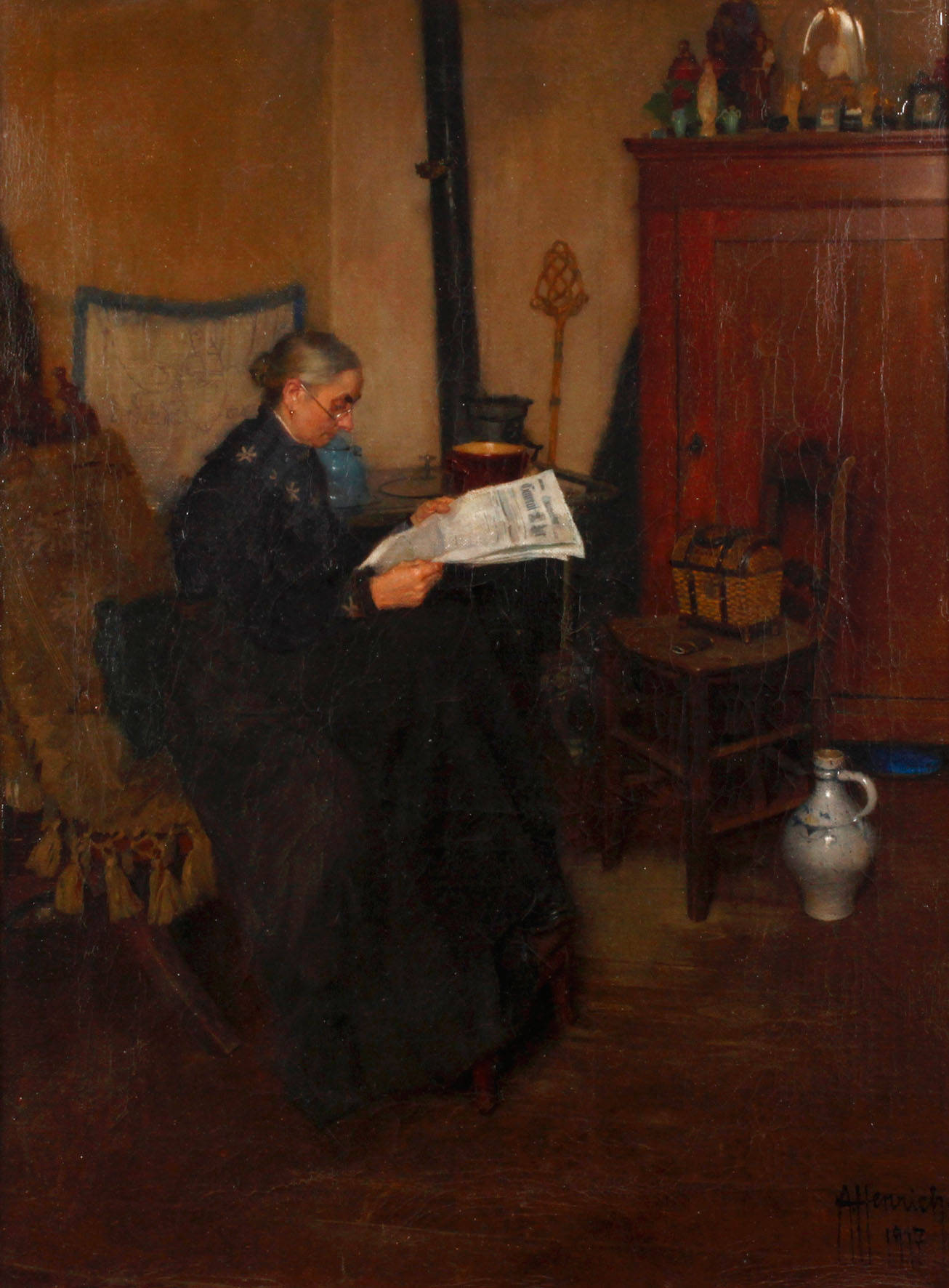 A. Henrich, Lesende Dame im Interieur