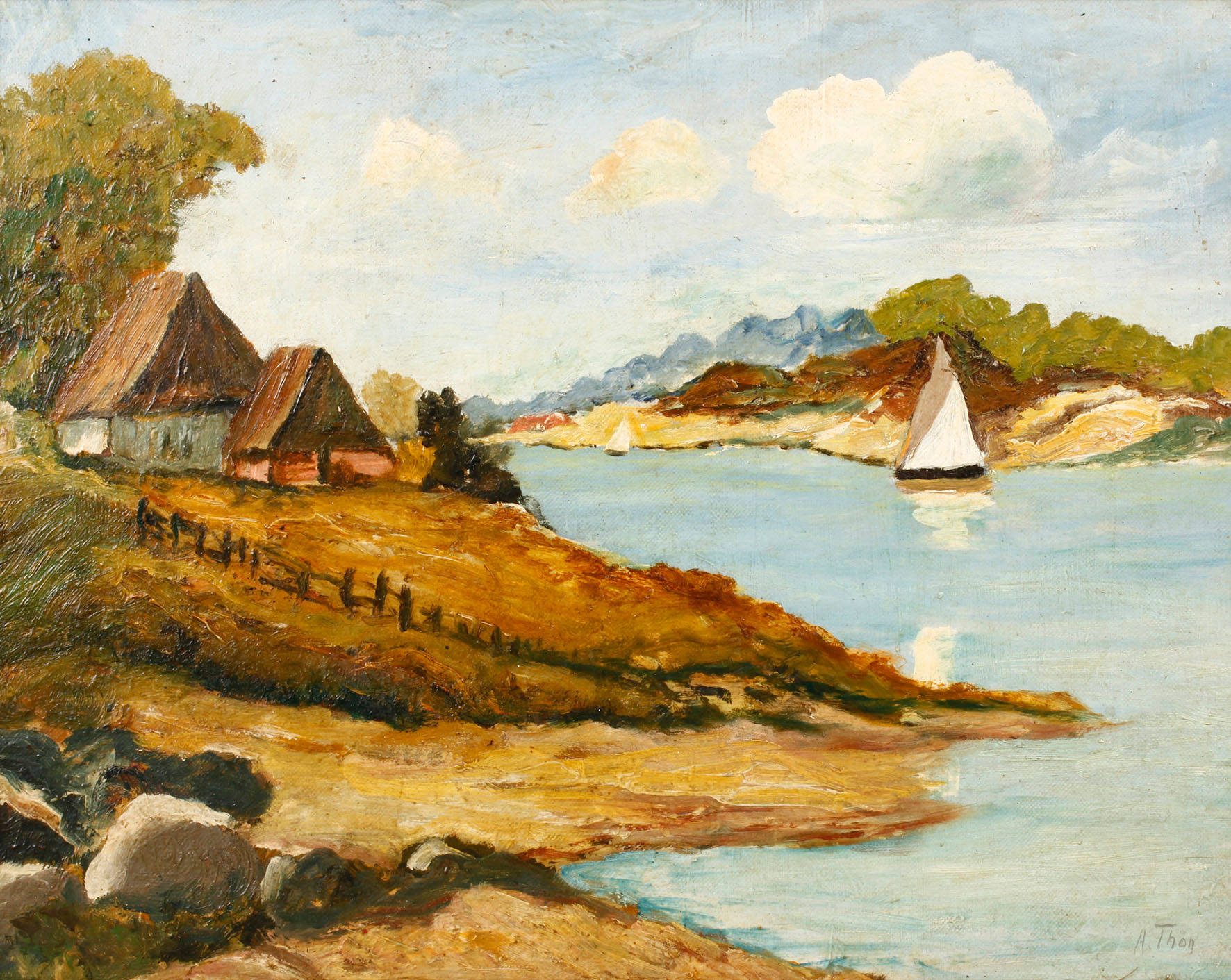 Prof. Alfred Thon, Flusslandschaft mit Fischerhütte