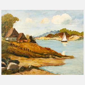 Prof. Alfred Thon, Flusslandschaft mit Fischerhütte