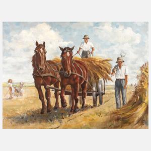Pferdegespann in Erntelandschaft