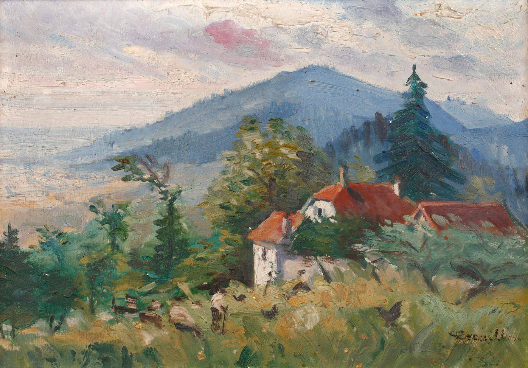 Häuser in bergiger Landschaft