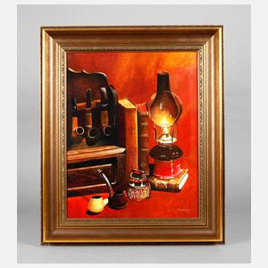 Raucherstillleben mit Petroleumlampe
