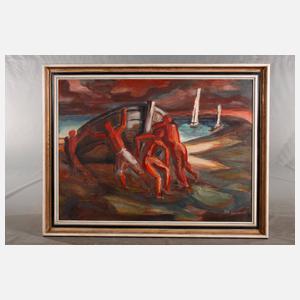 Männer beim Wässern eines Bootes