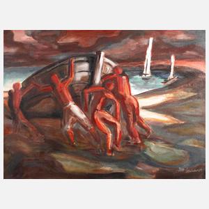 Männer beim Wässern eines Bootes