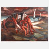 Männer beim Wässern eines Bootes111