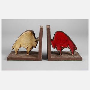 Paar Buchstützen mit Bison