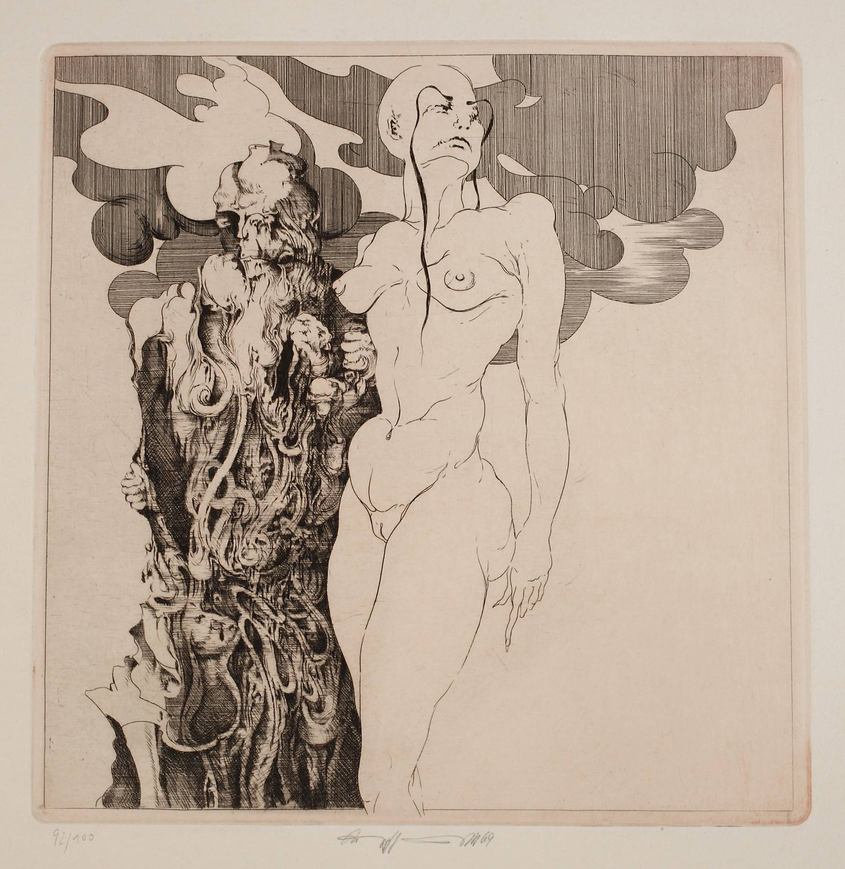 Prof. W. P. Eberhard Eggers, Akt mit Figur aus Rauch, erotische Darstellung in meisterhafter Technik, Radierung mit rosa Tonplatte auf kräftigem Büttenkarton, links unter der Platte in Blei nummeriert 92/100 und rechts unten undeutlich signiert und