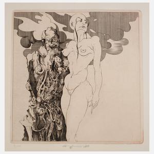 Prof. W. P. Eberhard Eggers, Akt mit Figur aus Rauch, erotische Darstellung in meisterhafter Technik, Radierung mit rosa Tonplatte auf kräftigem Büttenkarton, links unter der Platte in Blei nummeriert 92/100 und rechts unten undeutlich signiert und