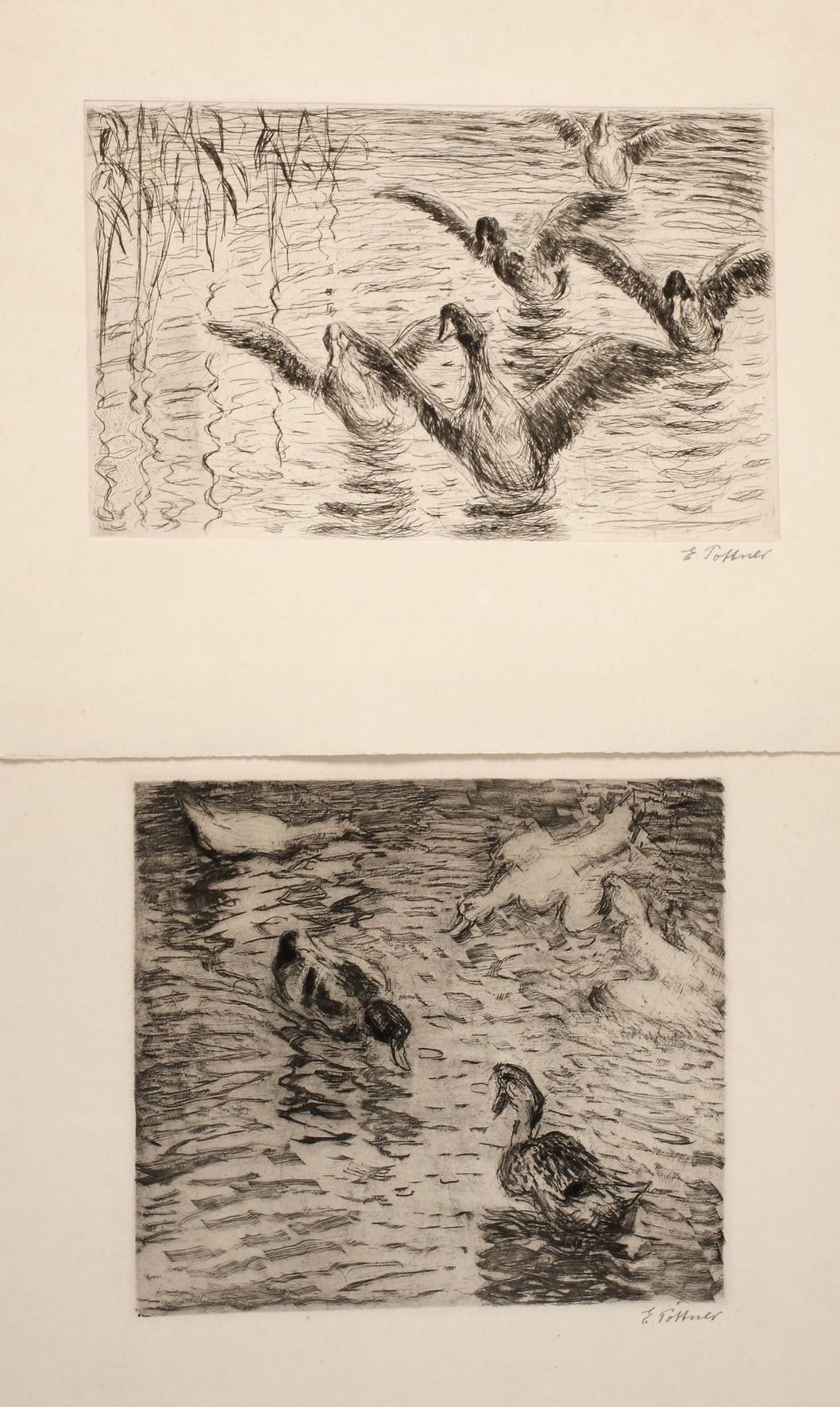 Emil Pottner, zwei Radierungen Enten im Teich