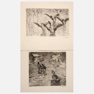 Emil Pottner, zwei Radierungen Enten im Teich