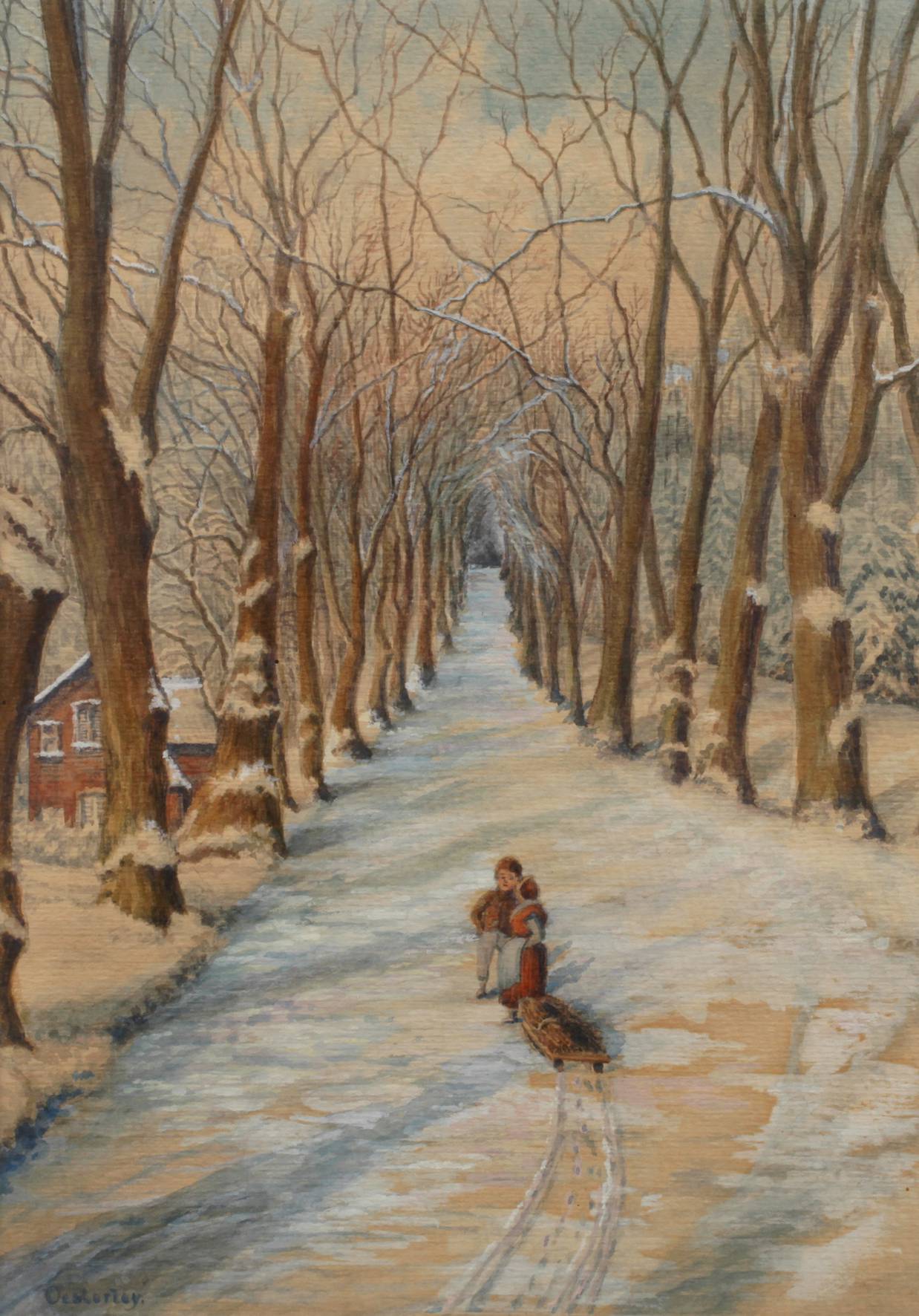 Oesterley, Winterliche Allee mit rodelnden Kindern