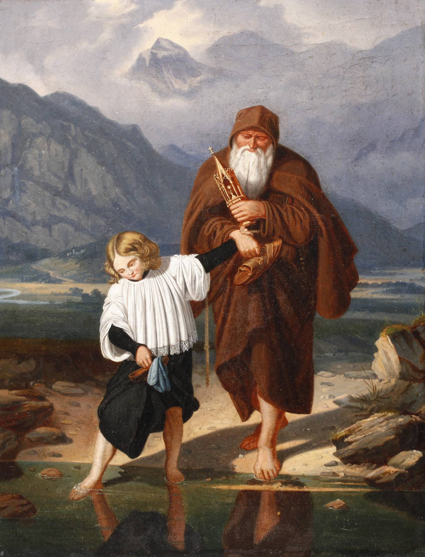 Mönch mit Knabe am Fluss