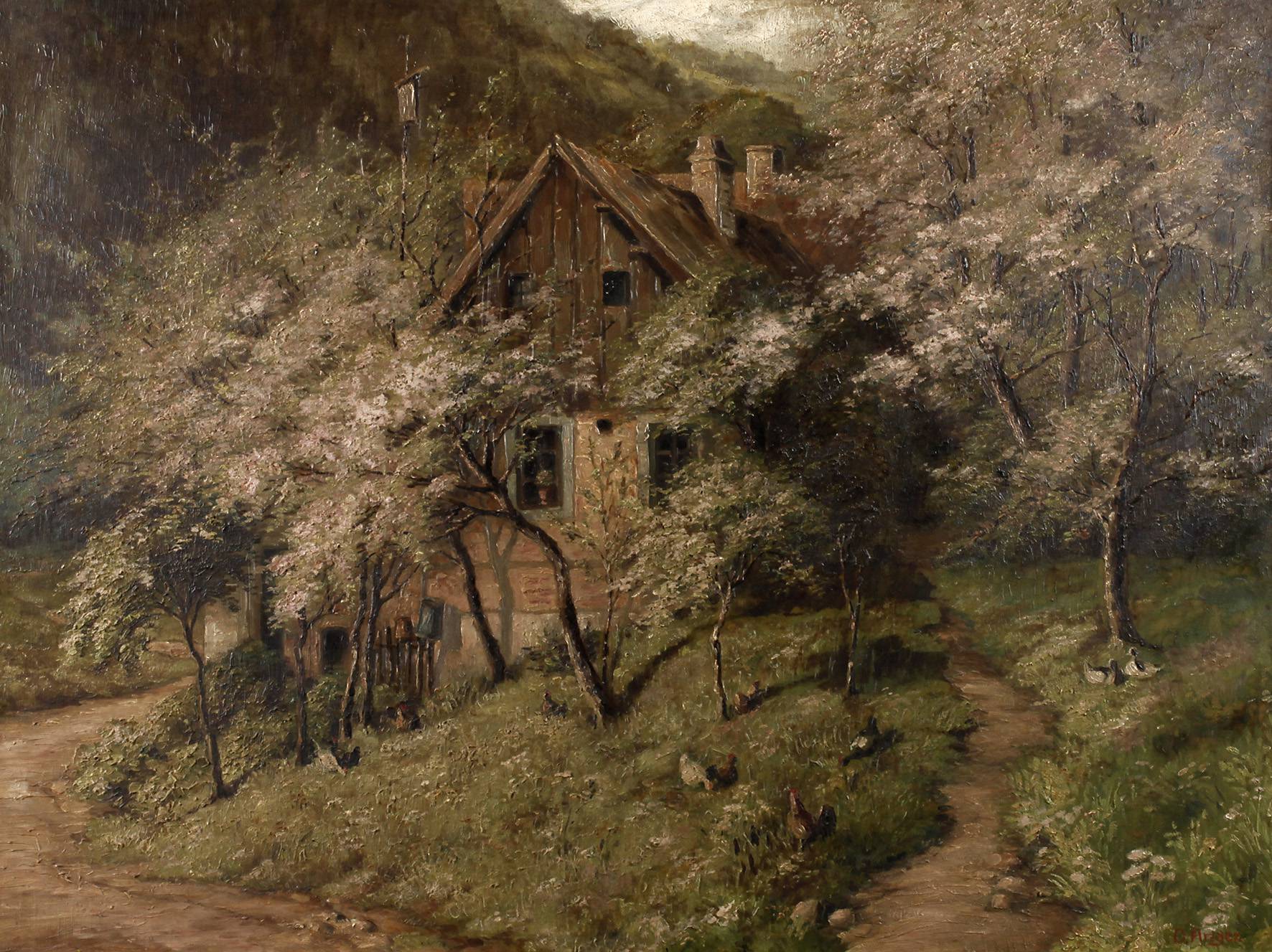 O. Anger, Bauernhaus hinter blühenden Bäumen