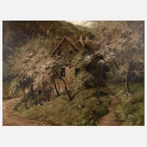 O. Anger, Bauernhaus hinter blühenden Bäumen