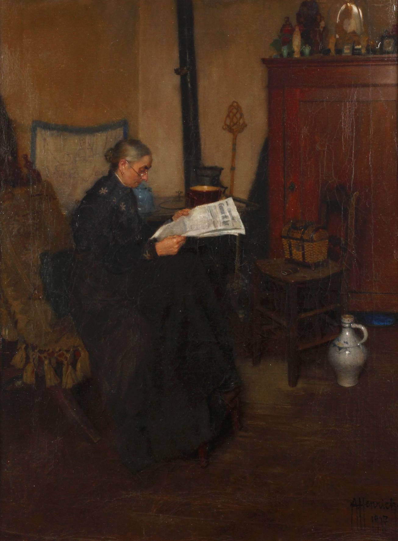 A. Henrich, Lesende Dame im Interieur