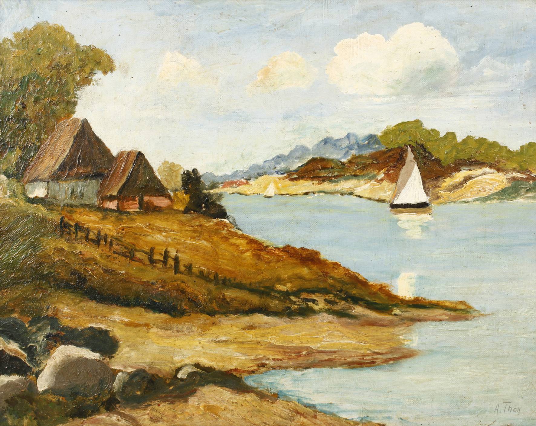 Prof. Alfred Thon, Flusslandschaft mit Fischerhütte