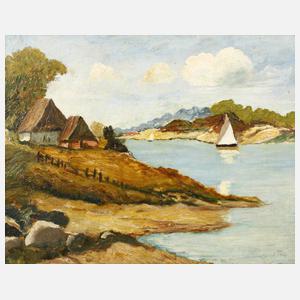 Prof. Alfred Thon, Flusslandschaft mit Fischerhütte