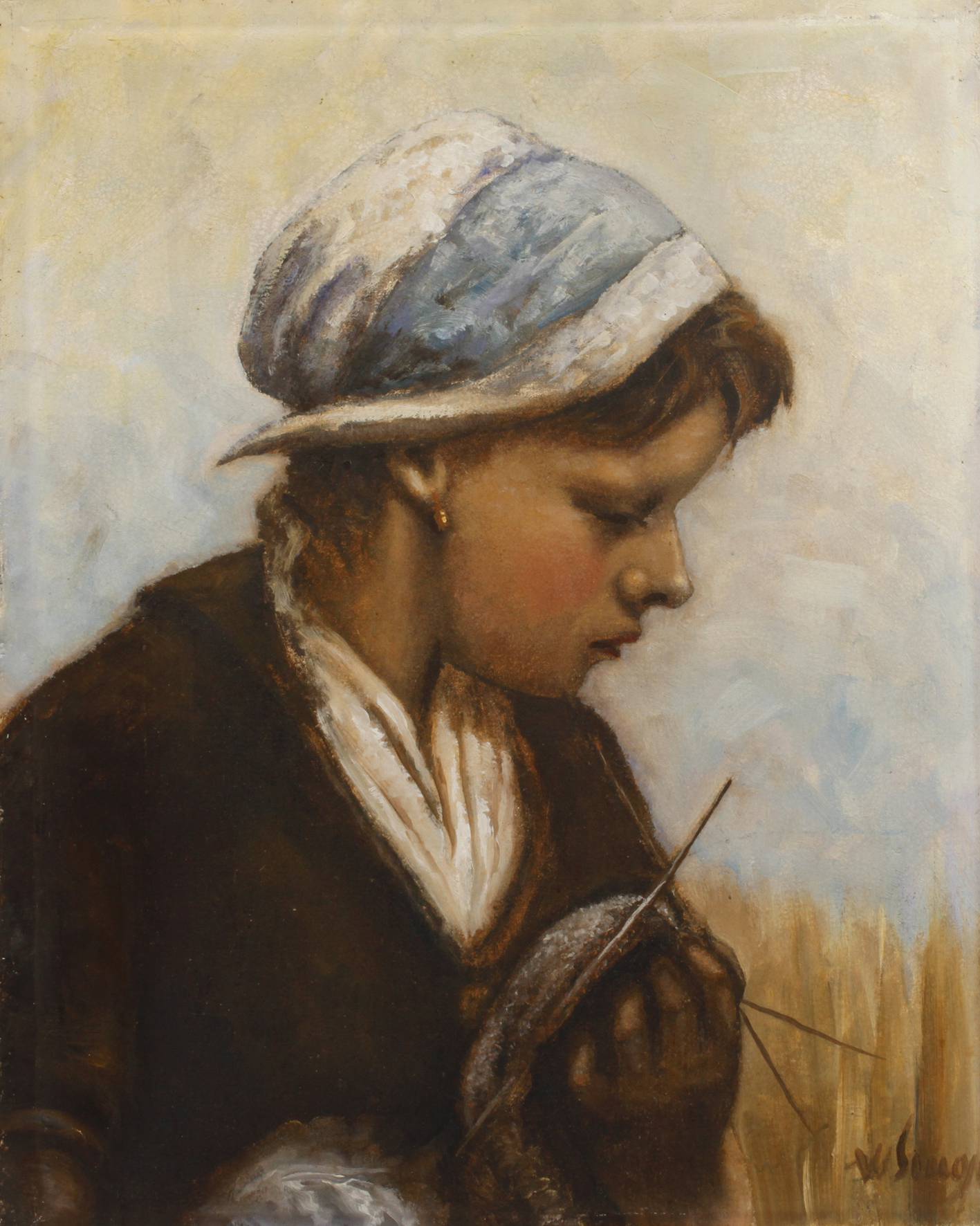 Holländisches Mädchen beim Stricken