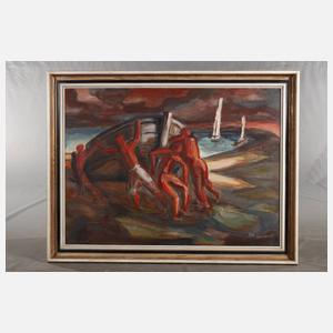 Männer beim Wässern eines Bootes