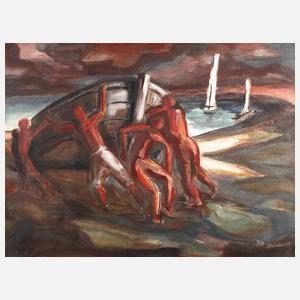 Männer beim Wässern eines Bootes