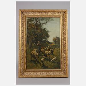 Schäferin mit Herde in sonniger Sommerlandschaft