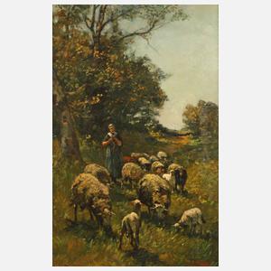 Schäferin mit Herde in sonniger Sommerlandschaft