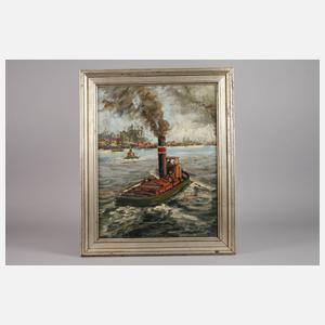 Dampfbarkasse steuert den Hafen an