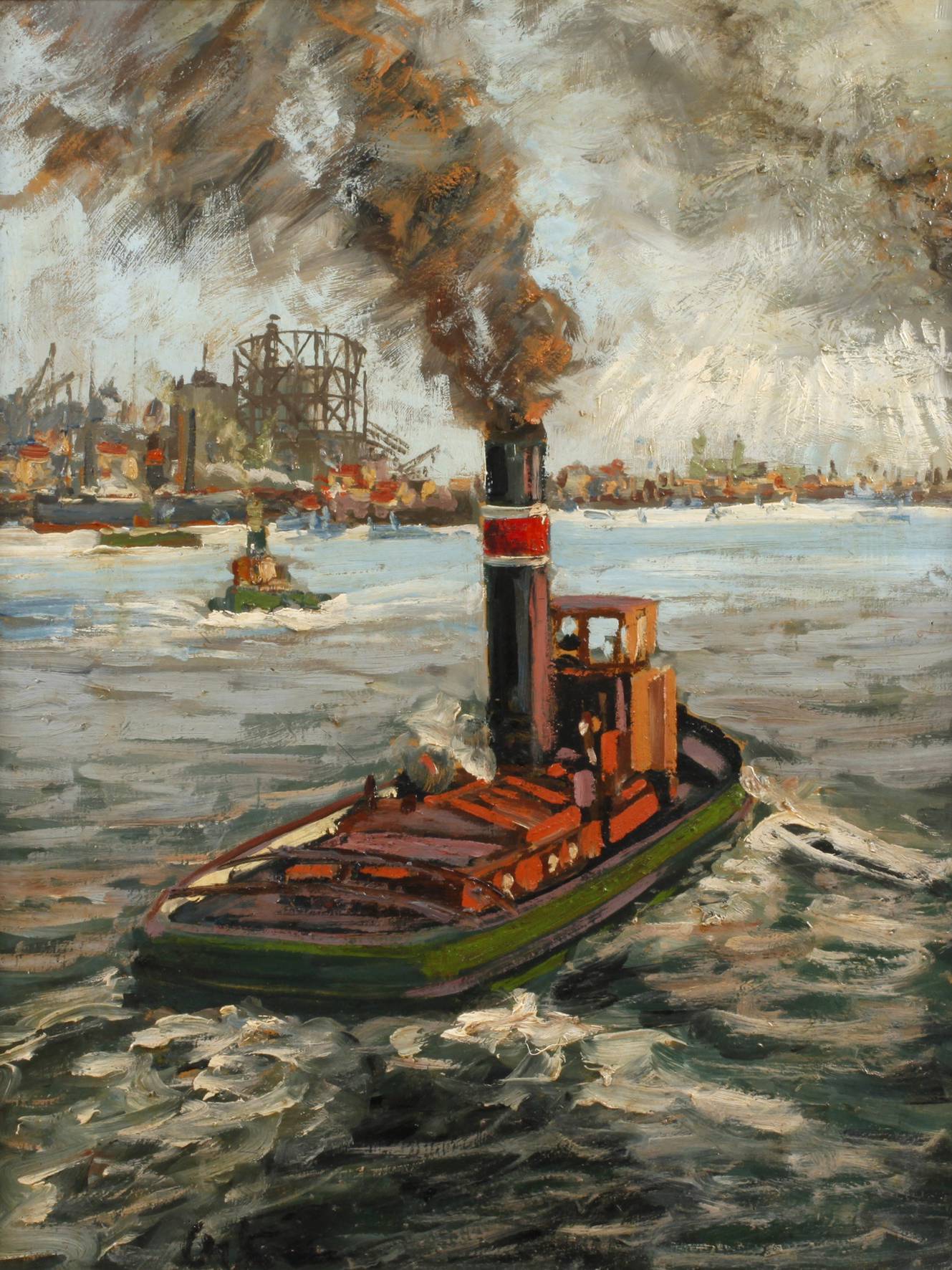 Dampfbarkasse steuert den Hafen an