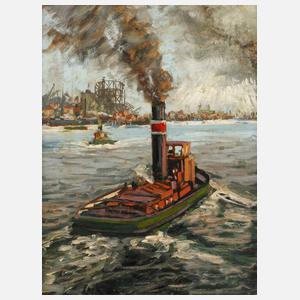 Dampfbarkasse steuert den Hafen an