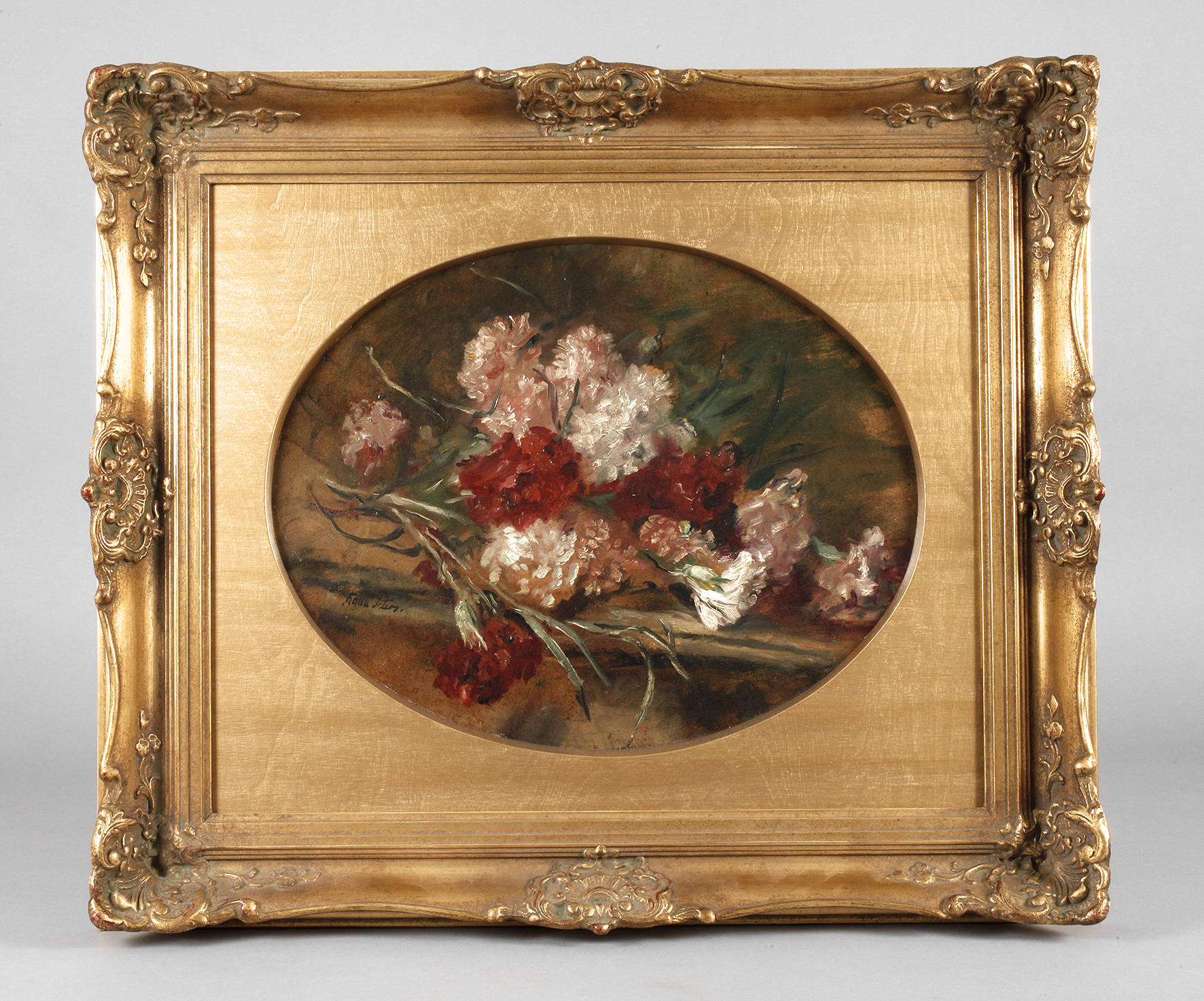 Anna Peters, Ovales Stillleben mit Nelken