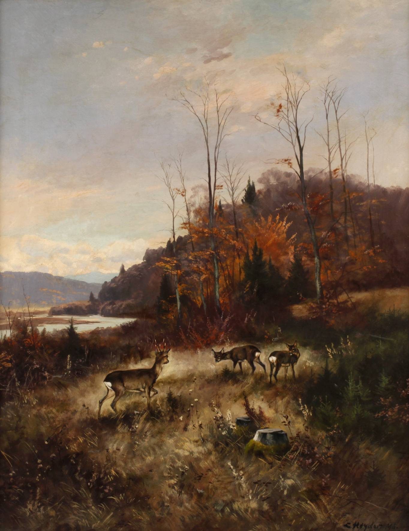 L. Heyder, Waldlichtung mit Rehen