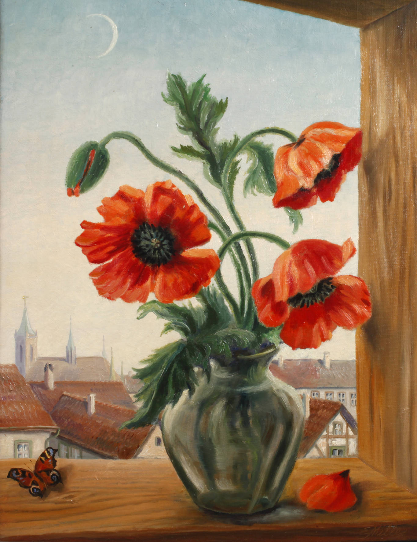 E. Miller, Fensterausblick mit Tagpfauenauge