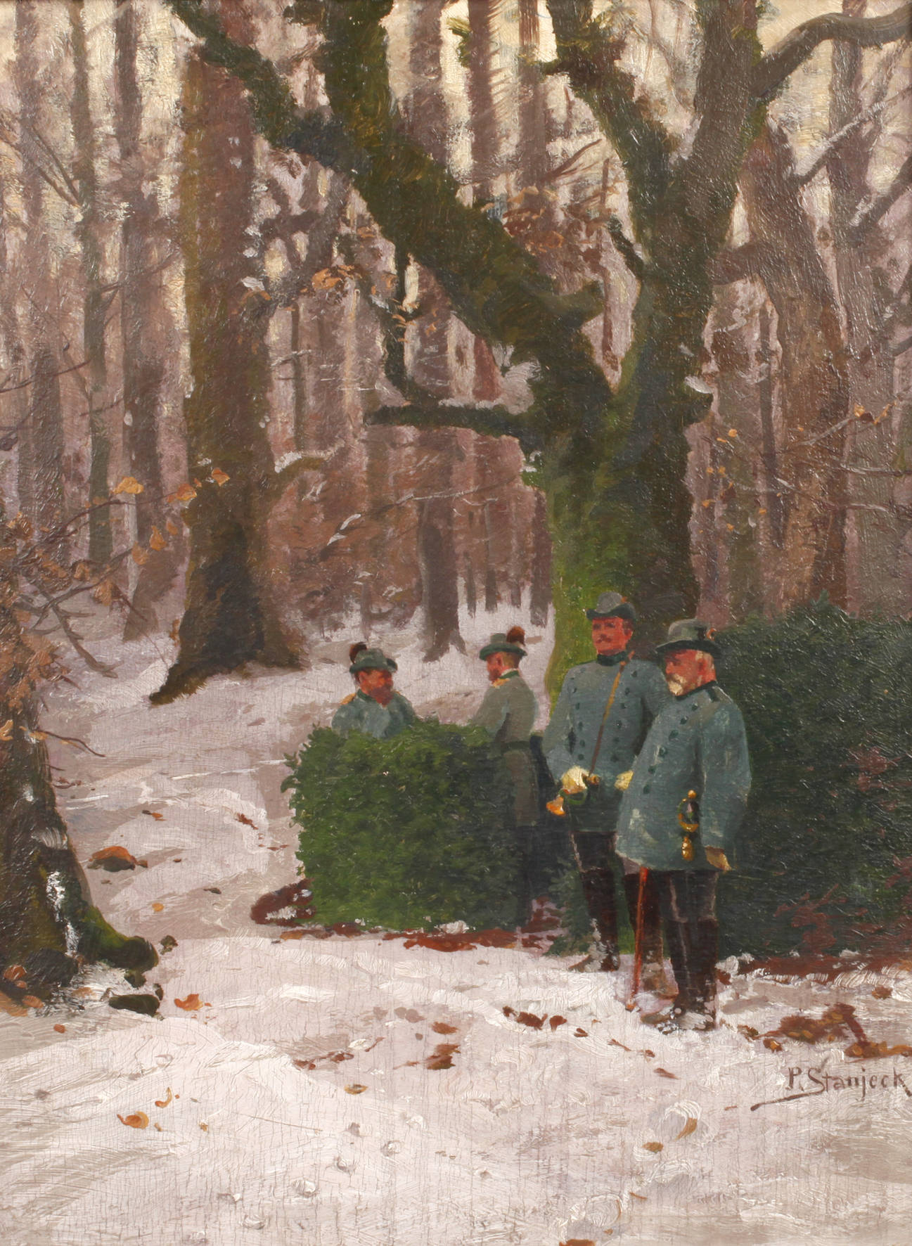P. Stanjeck, Jäger im Winterwald