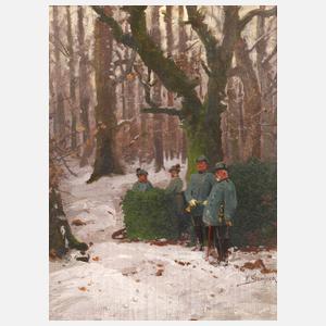 P. Stanjeck, Jäger im Winterwald
