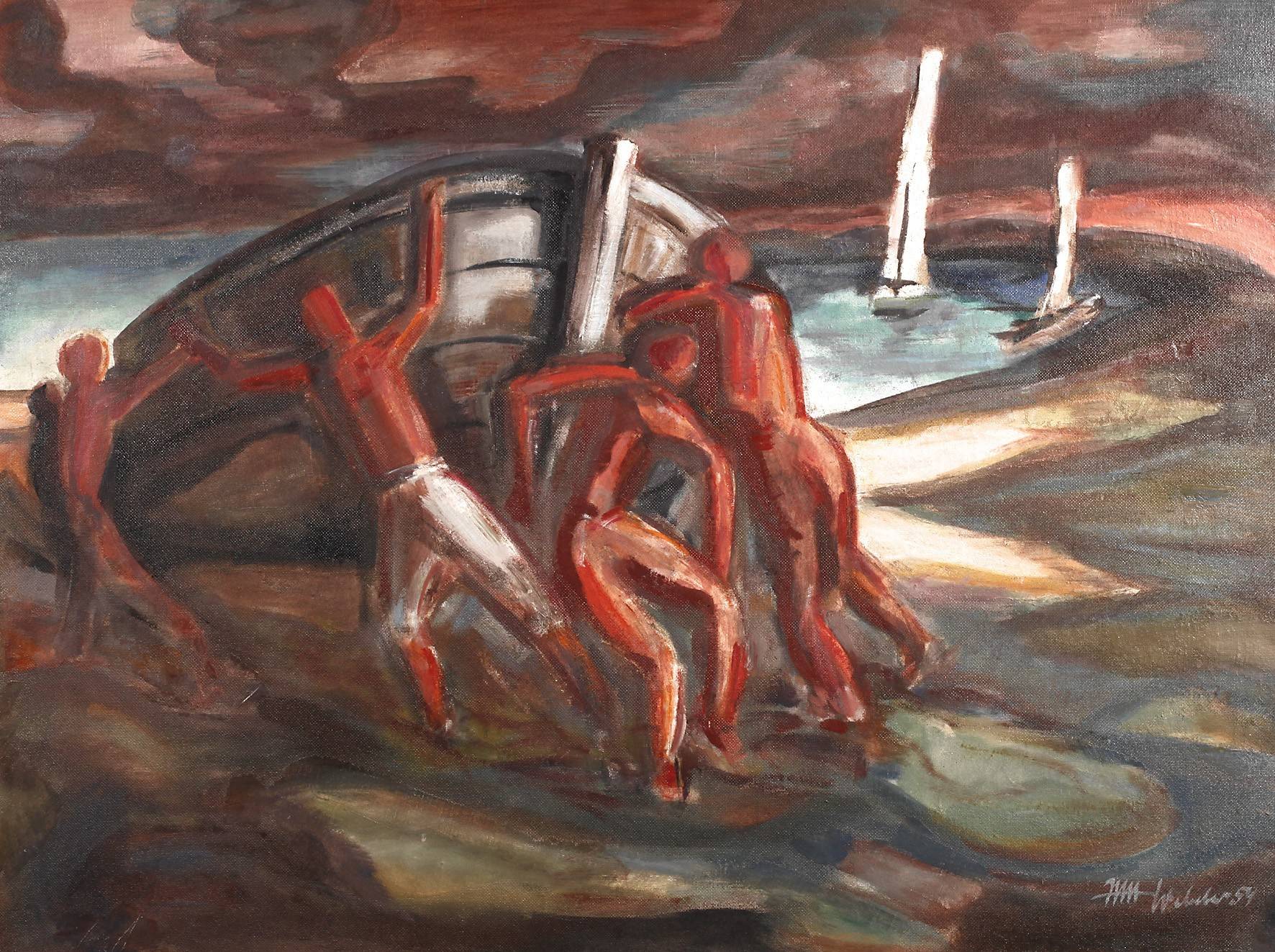 Männer beim Wässern eines Bootes