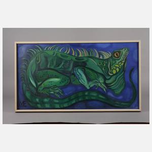 Grüner Leguan vor blauem Grund