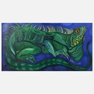 Grüner Leguan vor blauem Grund