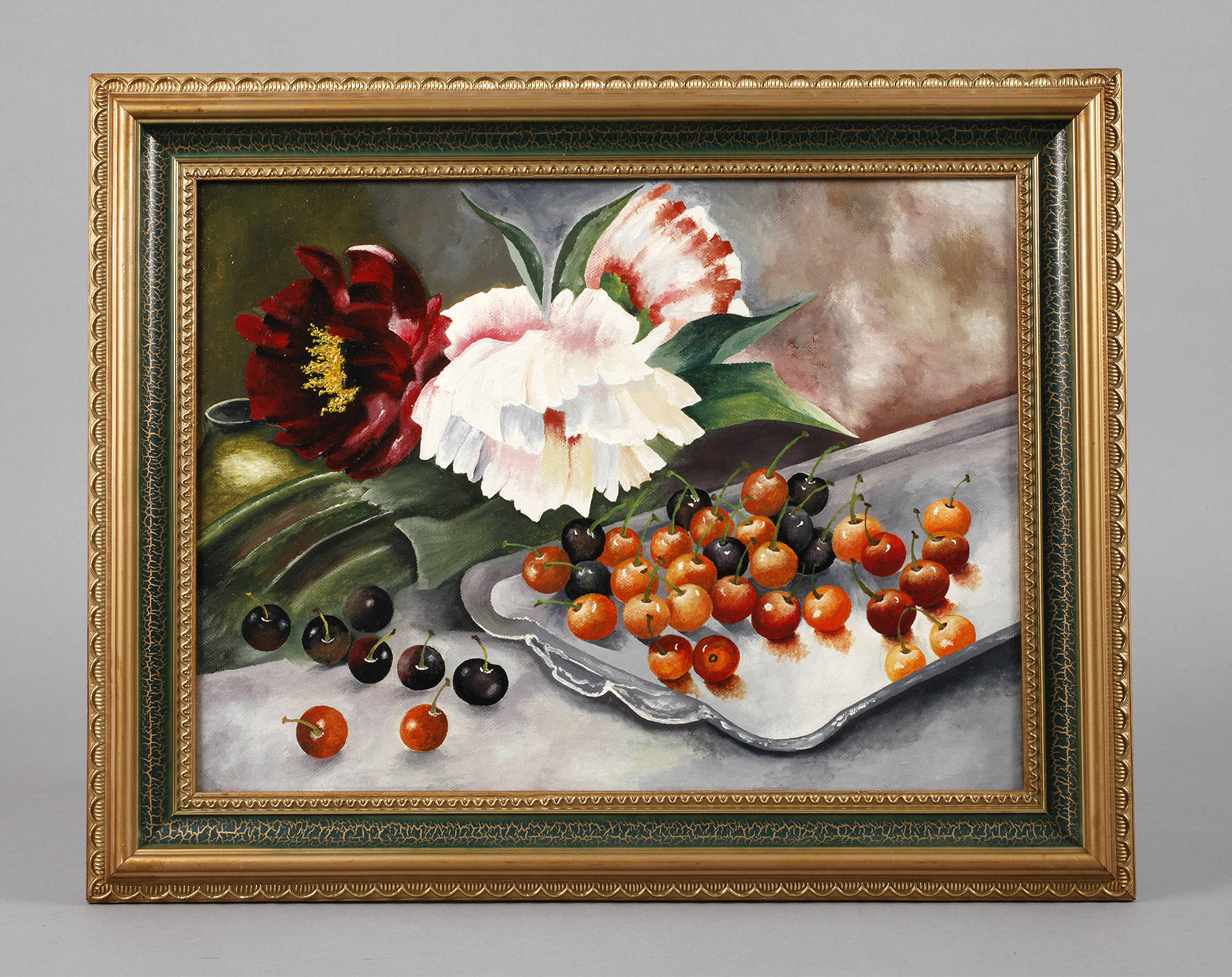 Stillleben mit Kirschen und Pfingstrosen