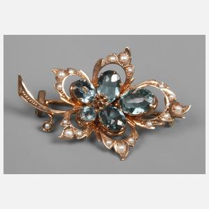 Blattbrosche mit Aquamarinen und Perlen