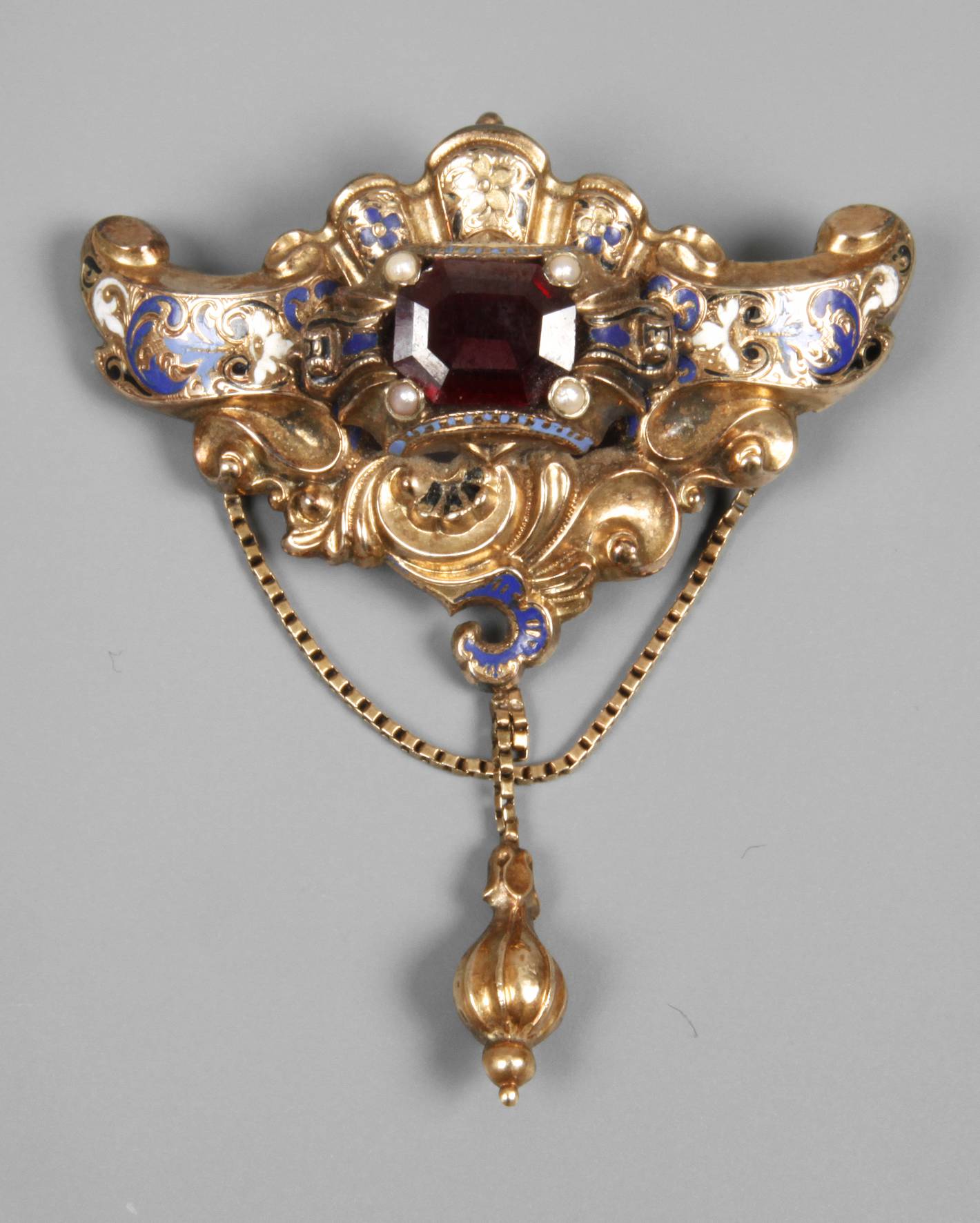 Brosche mit Steinbesatz und Emaille