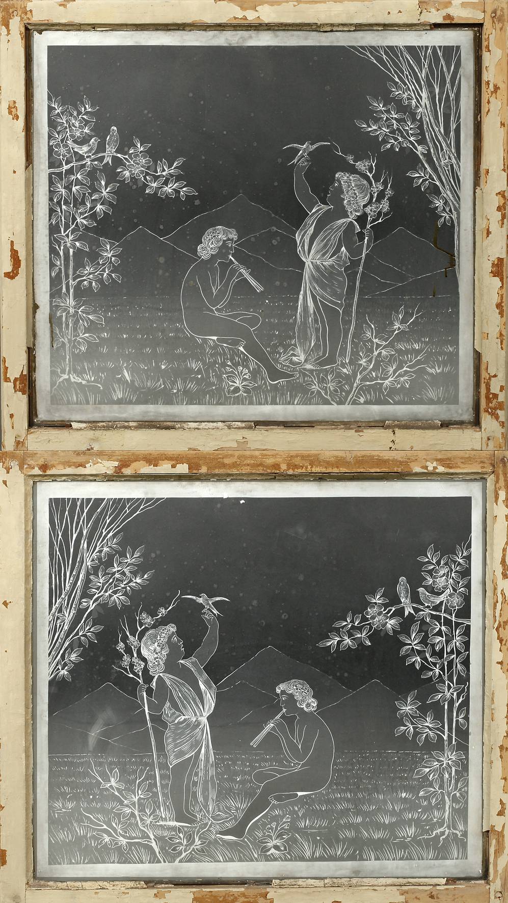 Paar Ätzglasfenster