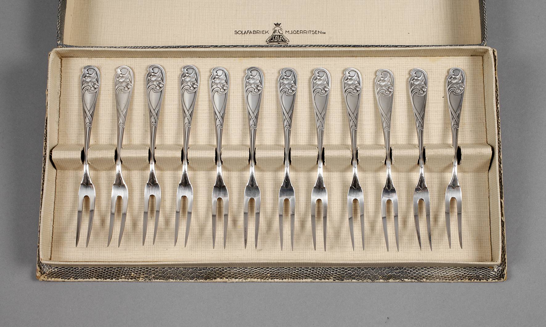 WMF Geislingen zwölf Wurstgabeln im Etui