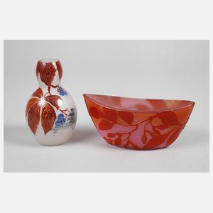 Ätzglasschälchen und Emailvase