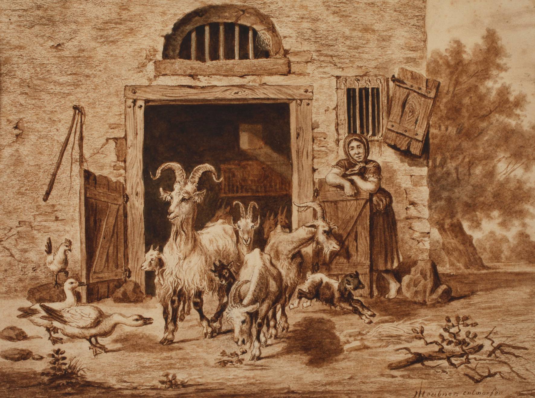 Heubner, Den Stall öffnende Magd