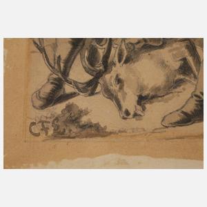 Carl Friedrich Lessing, attr., Jäger mit erlegtem Hirsch