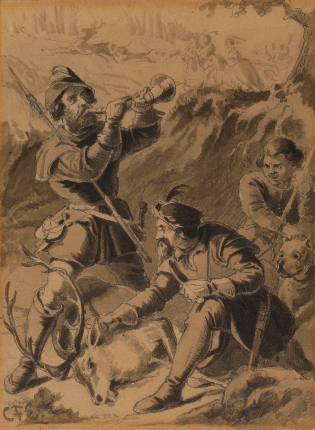 Carl Friedrich Lessing, attr., Jäger mit erlegtem Hirsch