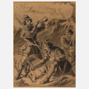 Carl Friedrich Lessing, attr., Jäger mit erlegtem Hirsch