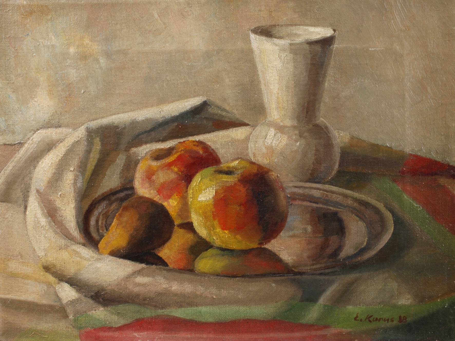E. Kurns, Früchtstillleben mit Vase