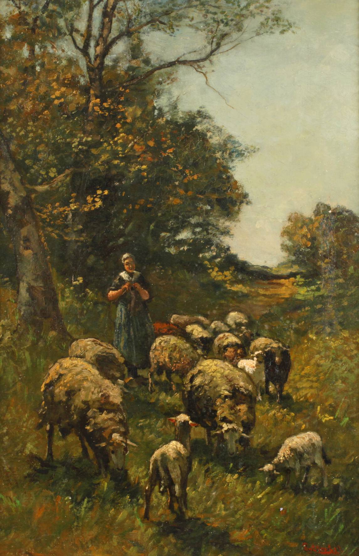 Schäferin mit Herde in sonniger Sommerlandschaft